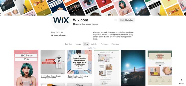 Pinterest account of Wix